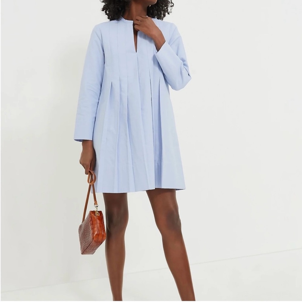 Tuckernuck Blue A-line Dress with Long Bishop Sleeves and Plunge Neckline